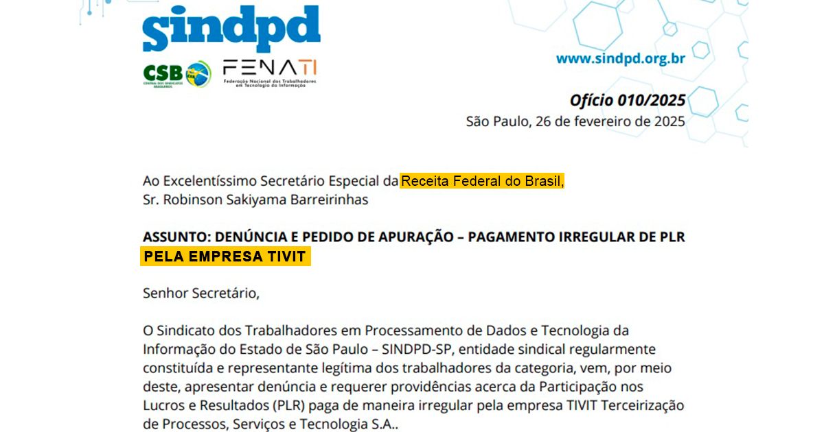 Sindpd-SP denuncia TIVIT à Receita Federal por PLR irregular